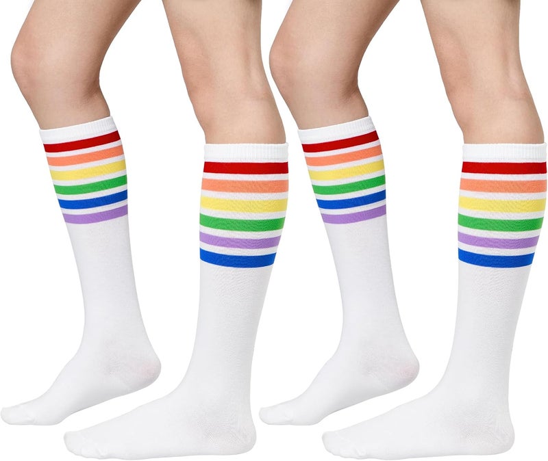 Zando 2 Pairs Knee High Socks for Women Striped Long Tube Athletic Soccer Socks for Casual Outdoor Sport - Image 1